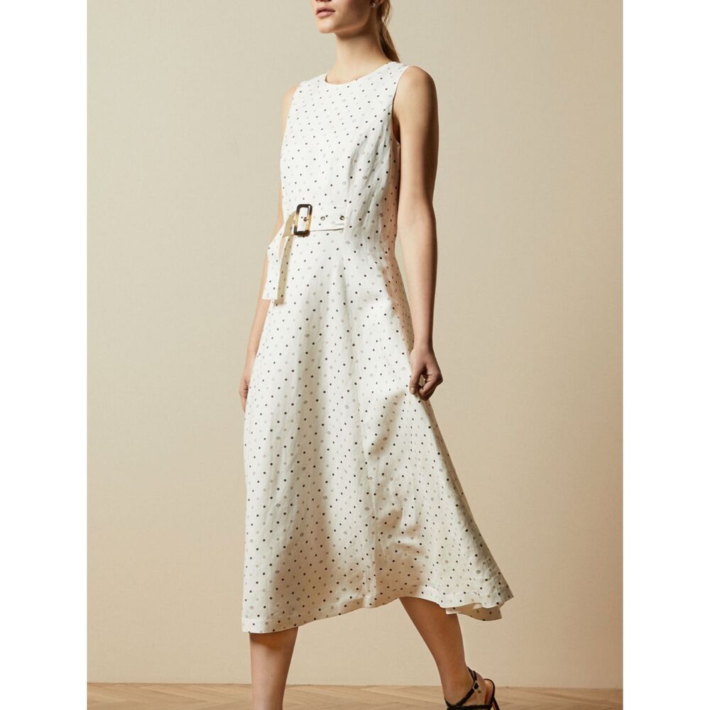 TED BAKER Caryla Belted Polka Dot Midi‎ Dress White Sz4 (US 8/10)